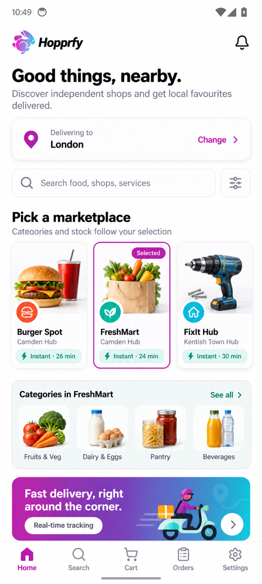 Hopprfy customer home screen showing nearby marketplaces