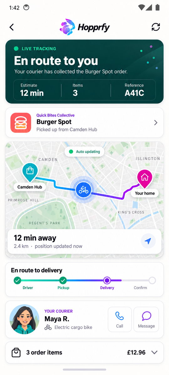 Hopprfy live delivery screen showing an order en route